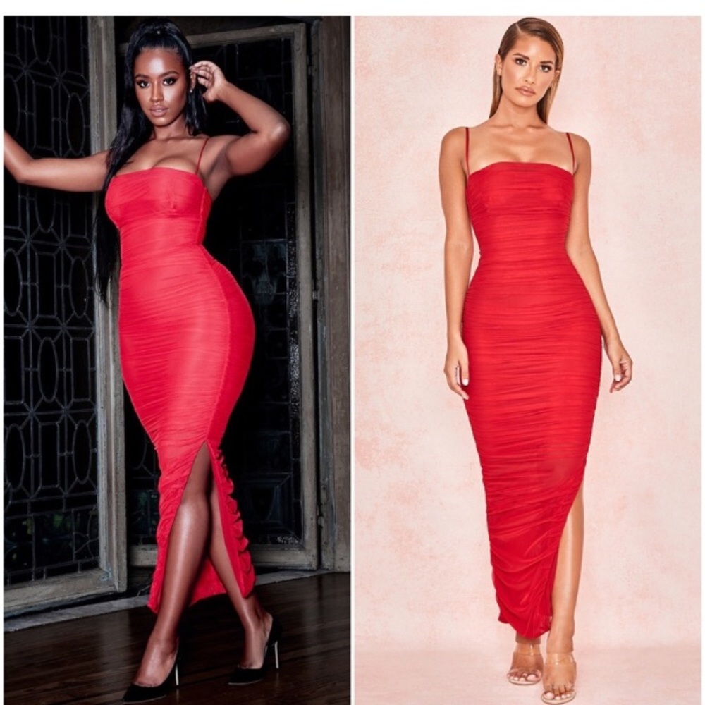HOUSE OF CB Fornarina Ruched Organza Mesh Dress - Red